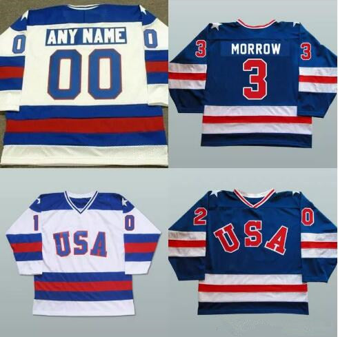 Custom 1980 Team USA Hockey Jerseys 3 Ken Morrow 16 Mark Pavelich 20 Bob Suter Men&#039;s Stitched USA Vintage Hockey Uniforms Blue White