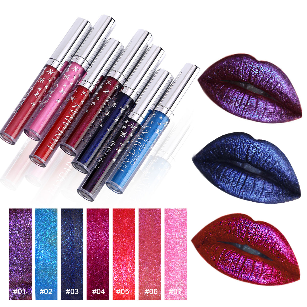New 7-color HANDAIYAN Diamond Pearlescent Lipstick Non-stick Cup Mermaid She Flashing Lipstick Lip Gloss Cross-sale Sale Like Hot Cake