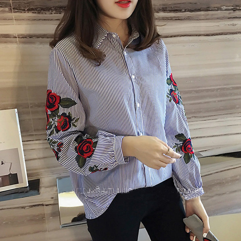 2018 Spring New Women Blouses Ladies Striped Rose Floral Embroidery Blouse Autumn Long Sleeve Fashion Casual Shirt Camisas office Tops
