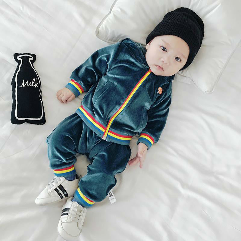 Baby Suits 2pcs Long Boys Clothes + Pants Boy Girl Pleuche Soft Warm Kids Clothing For Little Kid Infant Pink Navy Blue Toddler Sets 6M-3T