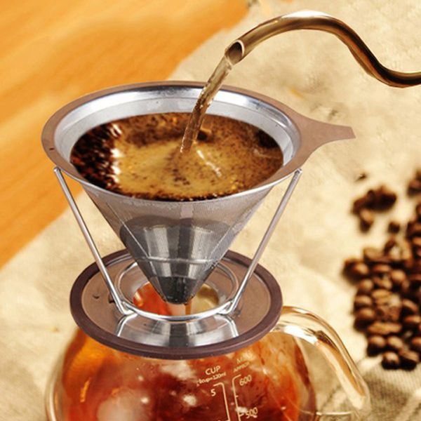 Stainless Steel Coffee Filter Baskets Cone Style Reusable Coffee Dripper Mesh Strainer Pour Over Coffee Maker With Stand Holder