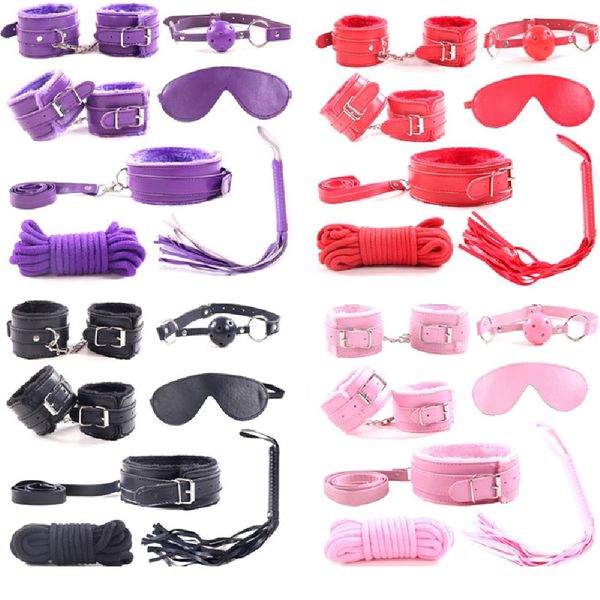 7PCS-Set Handcuffs Nipple Clamps Whip Collar Adult Game Toy Leather Fetish Bondage Restraint Wedding Party Favor Decor