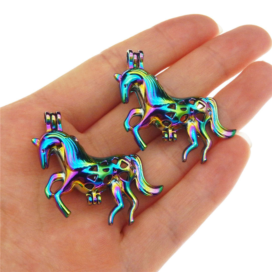 10pcs Rainbow Color Unicorn Pearl Cage Beads Cage Locket Pendant Essential Oil Diffuser DIY Jewelry Locket For Oyster Pearls