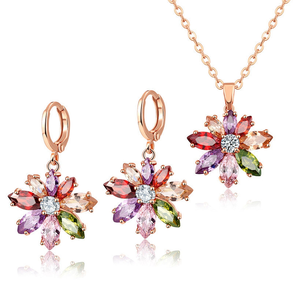 Multicolor Pendant+Earrings Set A++ Zirconia 18k Rose Gold Filled Womens Jewelry Set Inlaid Zirconia Sparkling Gift