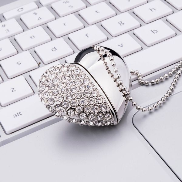 Free Shipping Silver Crystal Heart Shape 16G 32G 64G USB 2.0 Flash Drives Enough Memory Stick Thumb Pen Drive for Computer Laptop Mac Tablet