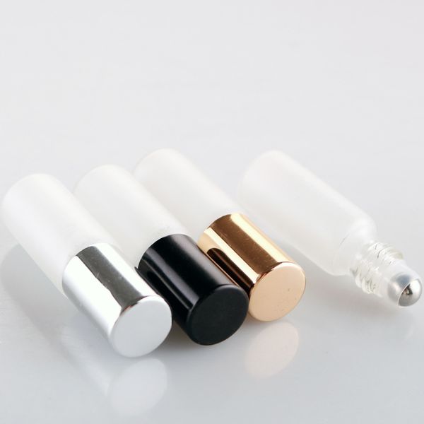 Frosted White 5ml Glass Roll on Bottle with Metal Roller Ball Glass Perfume Roll-On Vials Essential Oil Bottle with Black-Gold-Silver Cap