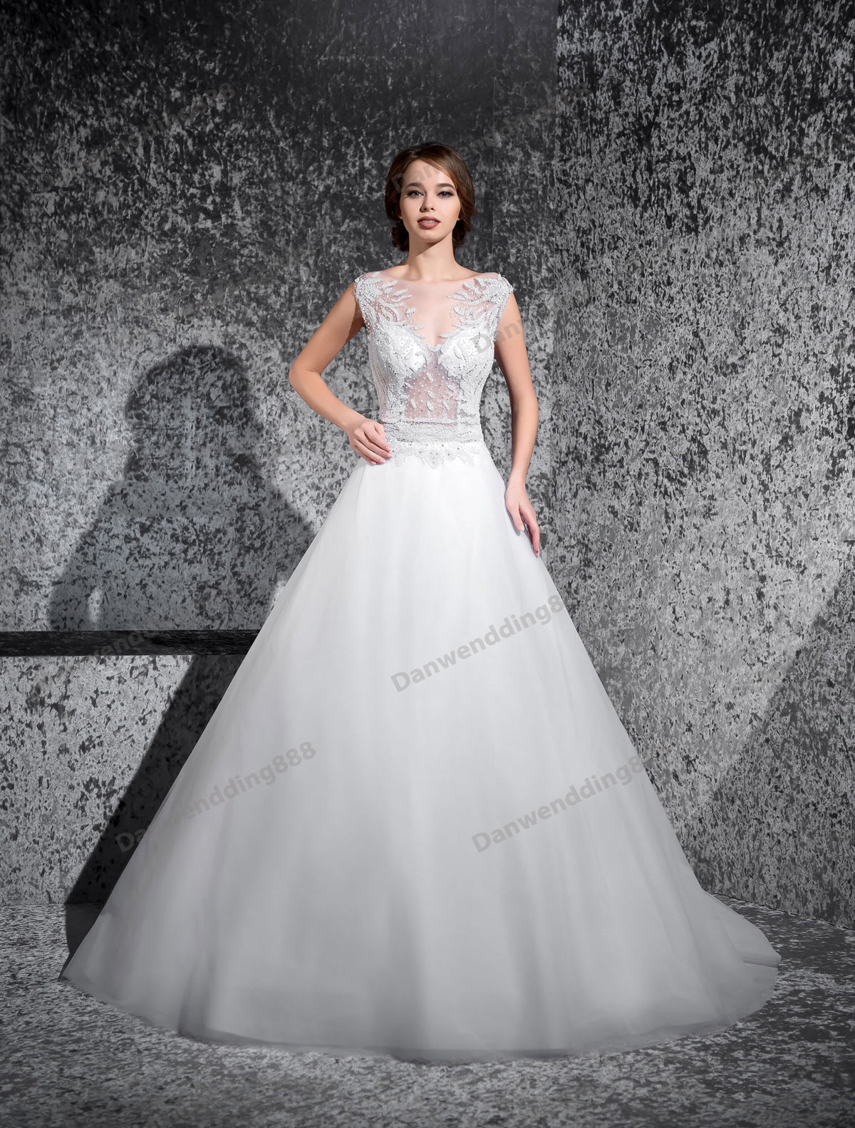 Grace White Tulle Scoop Applique Beads A-Line Wedding Dresses Bridal Pageant Dresses Wedding Attire Dresses Custom Size 2-16 ZW607032