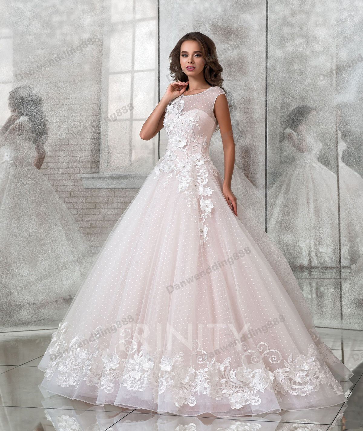 Romantic Pink-White Tulle Applique Beads A-Line Wedding Dresses Bridal Pageant Dresses Wedding Attire Dresses Custom Size 2-16 ZW610118