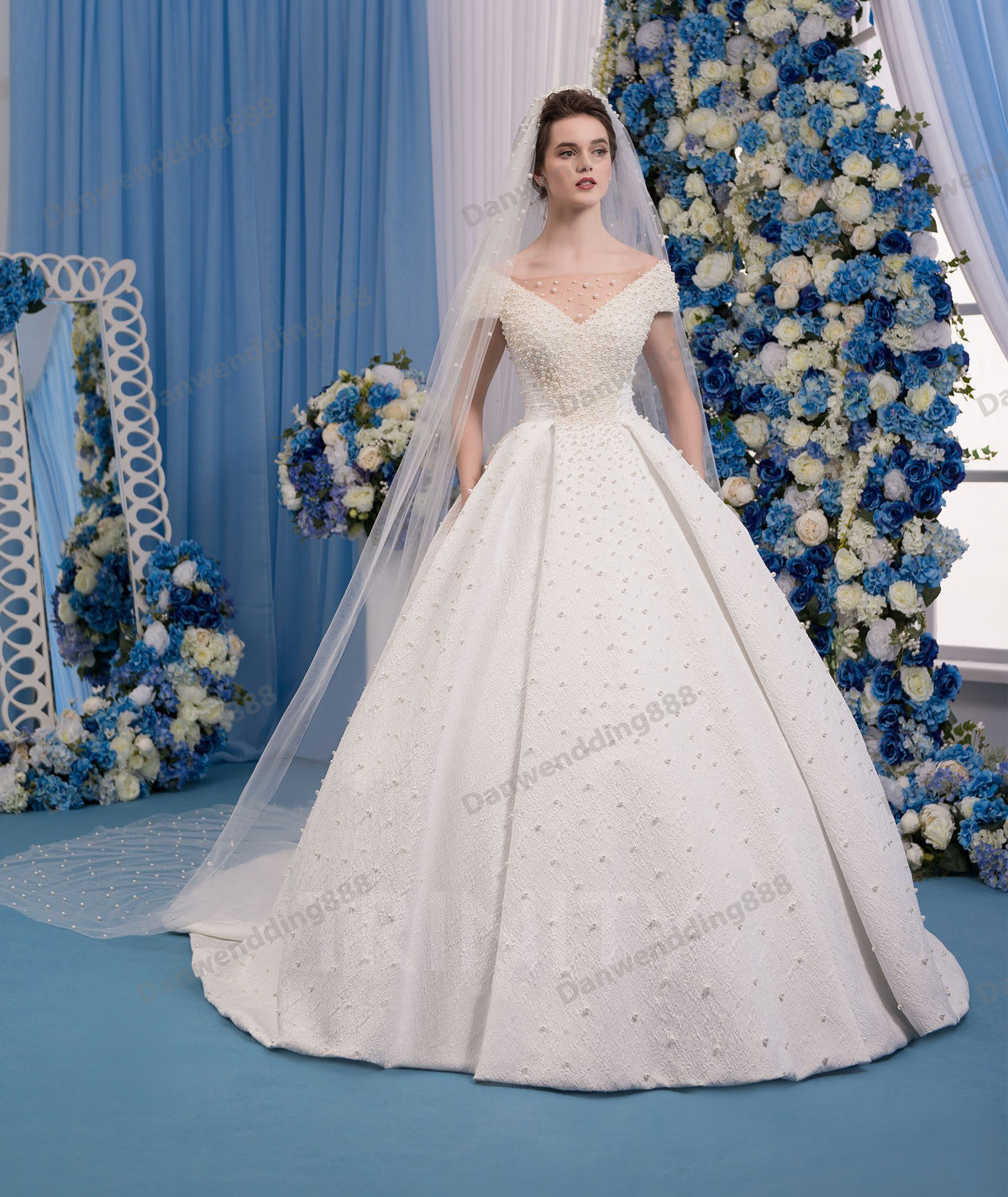 With Veil Noble Ivory Lace Scoop Full Pearls A-Line Wedding Dresses Bridal Pageant Dresses Wedding Attire Dresses Custom Size 2-16 ZW610117