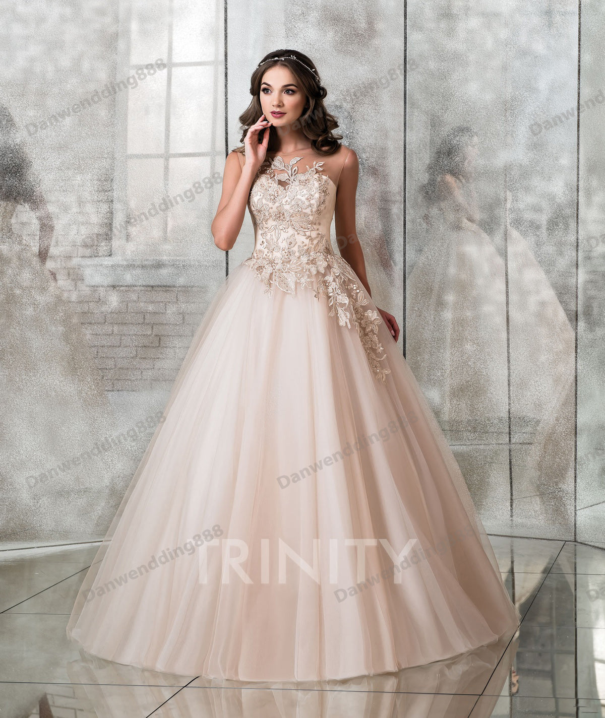 Sobriety Pink Champagne Tulle Scoop Applique A-Line Wedding Dresses Bridal Pageant Dresses Wedding Attire Dresses Custom Size 2-16 ZW611137