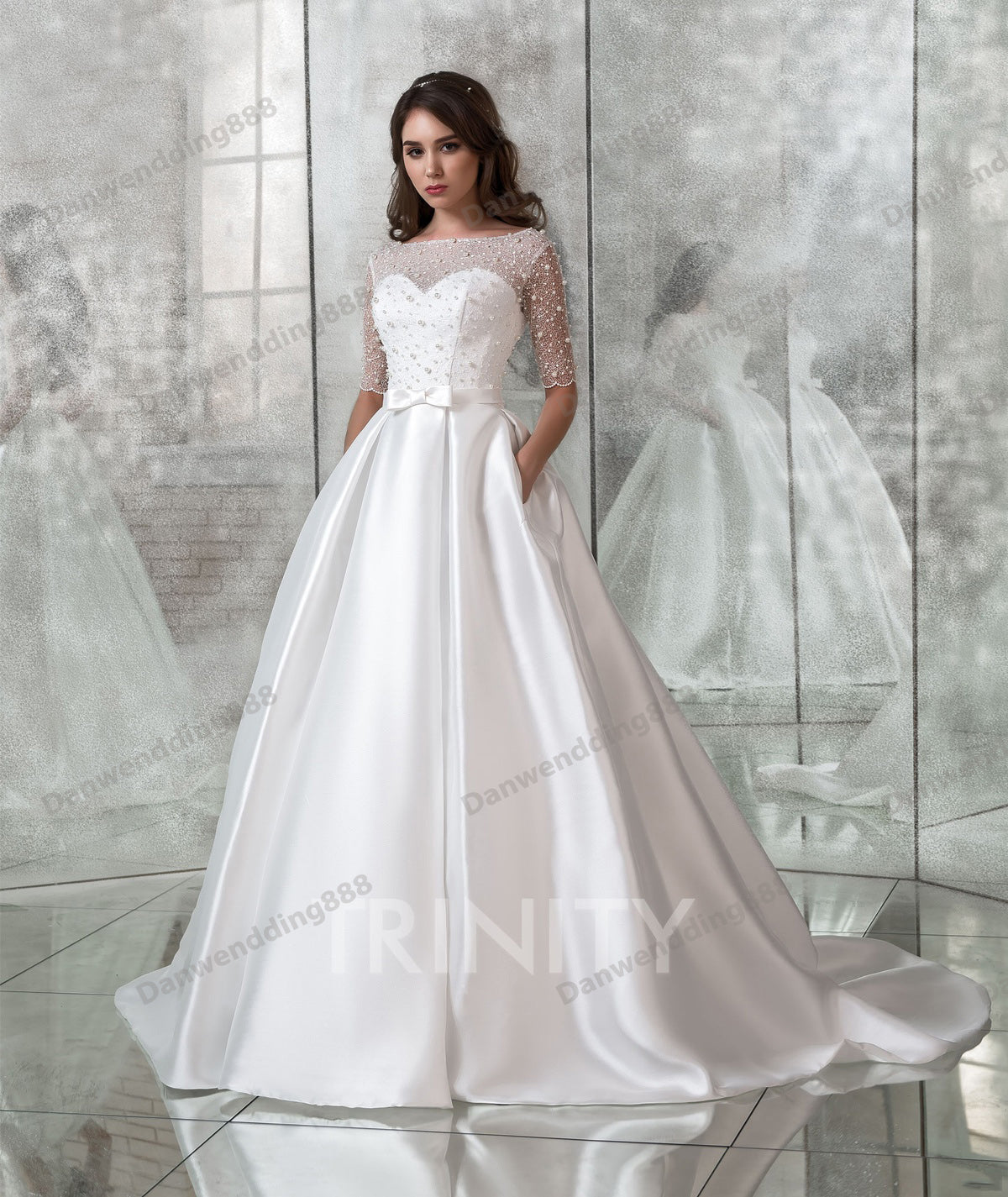 Beauty White Lace-Satin Half Sleeves Beads A-Line Wedding Dresses Bridal Pageant Dresses Wedding Attire Dresses Custom Size 2-16 ZW611144