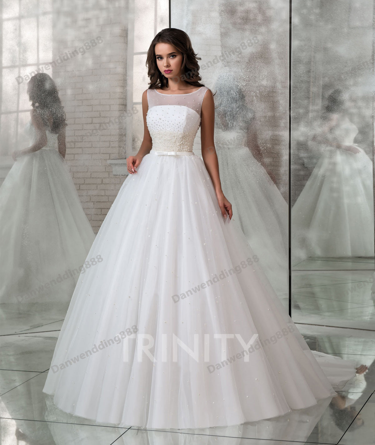 Grace White Tulle Scoop Pearls A-Line Wedding Dresses Bridal Pageant Dresses Wedding Attire Dresses Custom Size 2-16 ZW611152