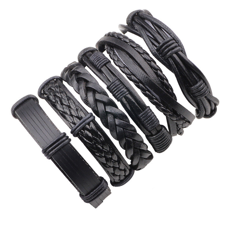 6pcs-set Multilayer Weave Leather Bracelets Set for Women Men Friend Gift Vintage Punk Style Wristlet Bracelet Black Knitting Adjustable