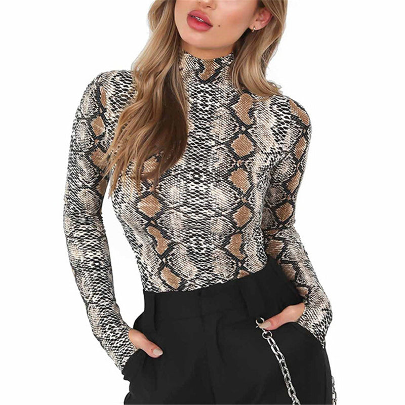 hirigin Ladies Women Long Sleeve Snakeskin printed blouses female Stretch Leotard Body turtleneck blouse women femme Tops