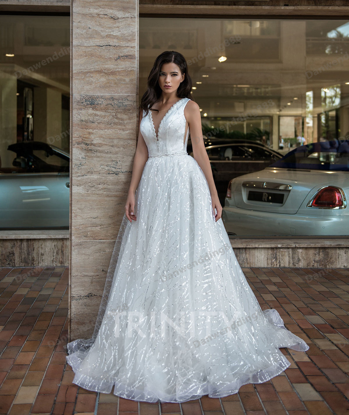 Grace White Sequin Lace Scoop Applique A-Line Beach Wedding Dresses Bridal Pageant Dresses Wedding Attire Dresses Custom Size 2-16 ZW712196