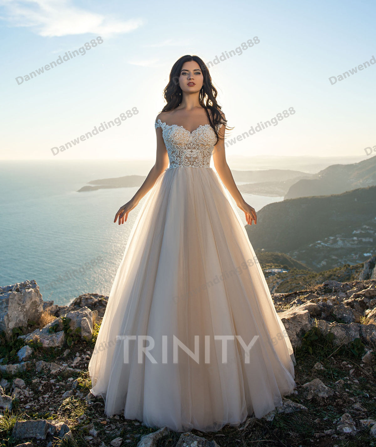 Elegant Champagne&Ivory Applique Beads A-Line Beach Wedding Dresses Bridal Pageant Dresses Wedding Attire Dresses Custom Size 2-16 ZW712206