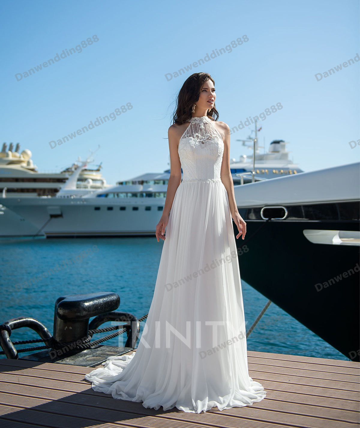 Beauty White Chiffon Halter Applique Beads Sheath Wedding Dresses Bridal Pageant Dresses Wedding Attire Dresses Custom Size 2-16 ZW713277