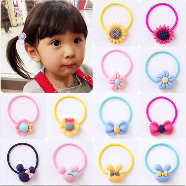 Baby Girl Cute Candy Color Hair Rubber Bands Kid High Elastic Sun Flower Bow Rabbit Head Shape Hair Rope