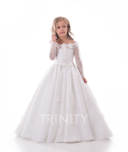 Lovely White Organza Scoop Applique Beads Flower Girl Dresses Girls&#039; Pageant Dresses Holidays-Birthday Dress-Skirt Custom Size 2-14 DF7