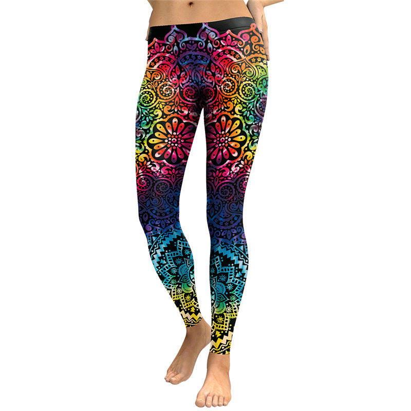 Yoga Leggings Women Mandala Flower 3D Transfer Printing Gradient Fitness Leggins High Waist Sportswear Trousers Pant Wholesale