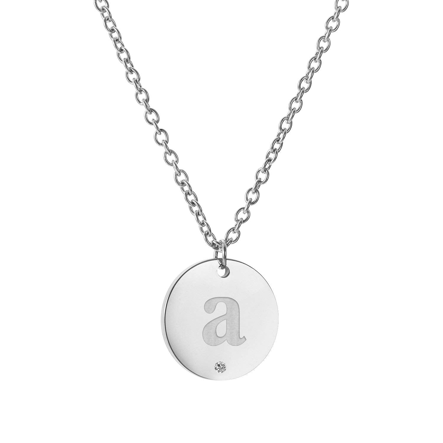Shiny Silver Stainless Steel Round Initial Engrave Letter Disc Necklace with Crystal Jewelry for Women A to Z Statement Choker Gift NL2646