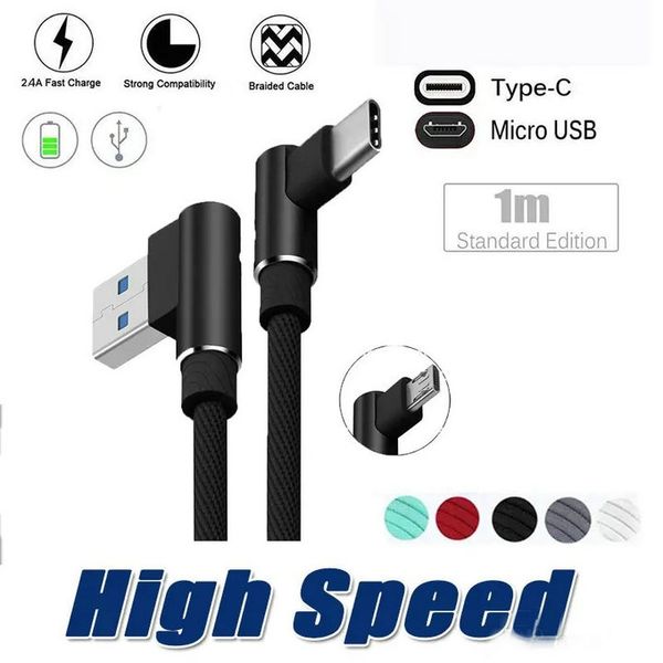 Cell Phone Cables 90 Degree Micro USB Cable 1M 2M 3M 2A fast Charger Cords Braided Type C Data Line for Samsung S10 S9 S8 S7 Note8 NOTE 23 2