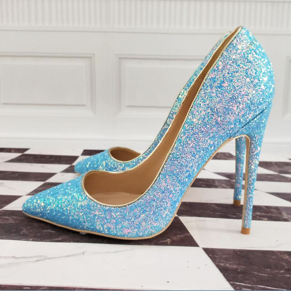 Free Shipping fashion woman women lady 2019 blue Glitter Poined Toes Wedding heels Stiletto red High Heels shoes pumps bottom 12cm 10cm 8cm