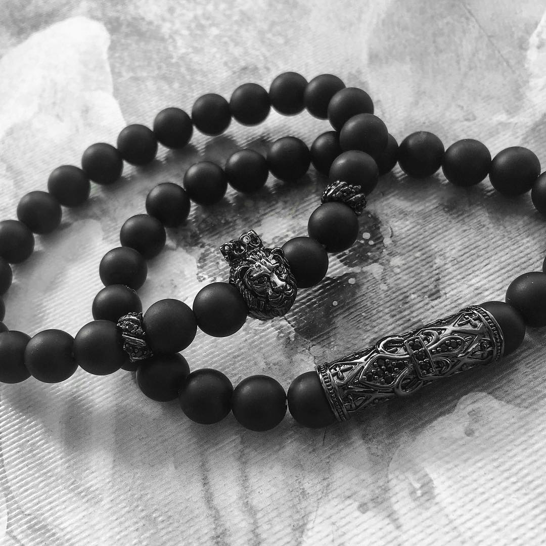 2pcs-set Fashion men&#039;s Bracelet 8MM Natural stone charm Lion Titanium steel anchor tube Holiday gift jewelry Valentine&#039;s Day Christmas