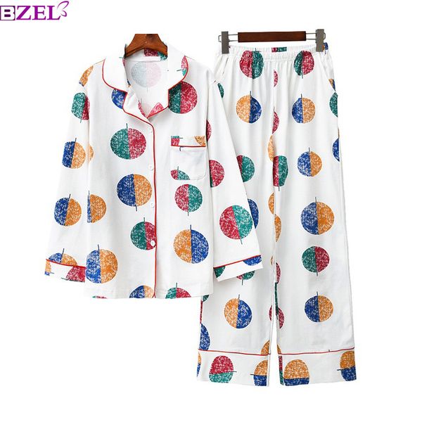 Spring&autumn Women 100% Cotton Long Sleeves+pants Pajamas Set Female Color Point Collision Print Sleepwear Womens Home Pyjamas