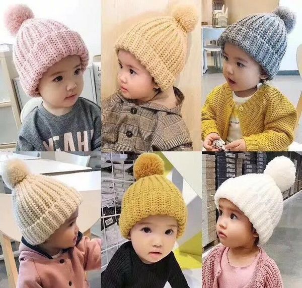 Autumn Winter Infant Baby Kids Knitted Hat Ball Solid Color Caps Boys Girls Children Knit Warm Hats Cap M174