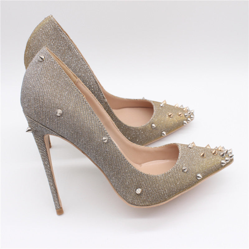 Free Shipping women lady woman 2019ss Glitter spikes Rivets Poined Toes Wedding heels Stiletto bottom High Heels shoes pumps red 12cm 10cm