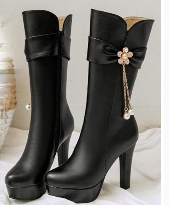 Free send 2018 Korean Coarse heel high heel water drill Middle barrel boots winter Plus velvet zipper women Martin boots