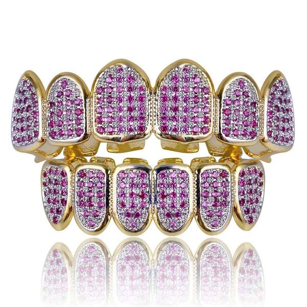 New Custom Fit Hip Hop Gold Teeth Grillz Caps Micro Pave Fuchsia Cubic Zirconia Top & Bottom Grills Set for Christmas Gift Women