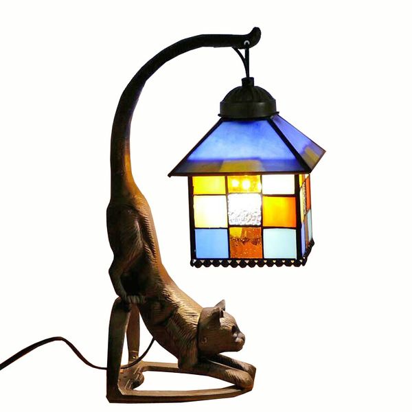Tiffany Metal Bronze Bedroom Bedsides Table Lamp Glass Lampshade Study Room Club Desk Lamp Retro Bar Counter kitten Table Light