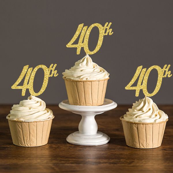 Gold-Silver-Black Glitter Forty Birthday Cupcake Toppers,40th Birthday Party Picks Decoration Favors Cake Decorations Supplies
