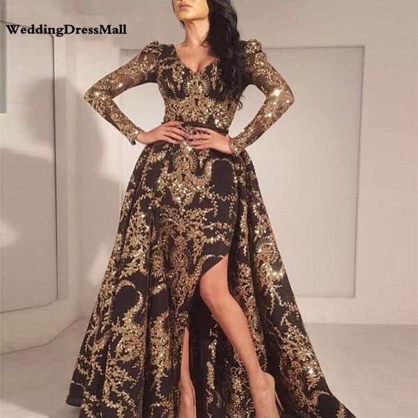 Luxury Black Gold Glitter Mermaid Long Sleeves Evening Dress 2021 Saudi Arabia Dubai Moroccan Removable Train Muslim Prom Dress