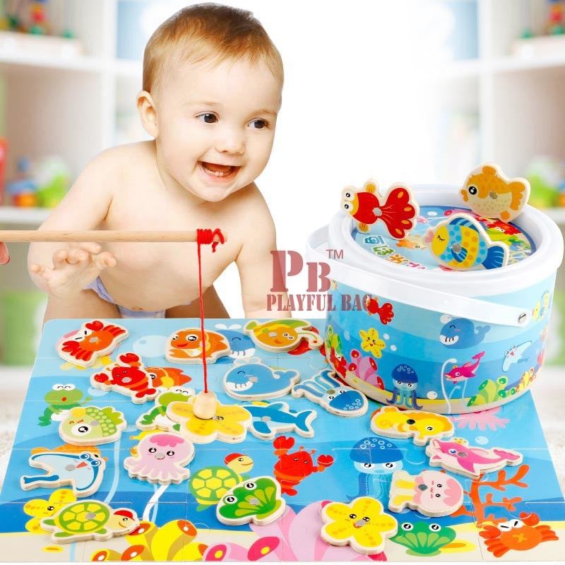 magnetic fishing wooden toys for children playing jigsaw puzzle in simulation of parentchild game gift