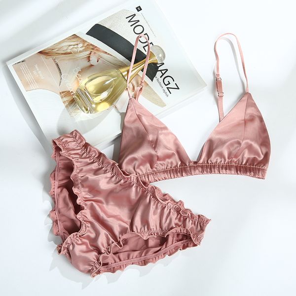CINOON Bralette Wire Free Satin Bra Set thin Triangle cups Solid Color Bra and Panty Set Lingerie Underwear Women Brassiere Y18101502