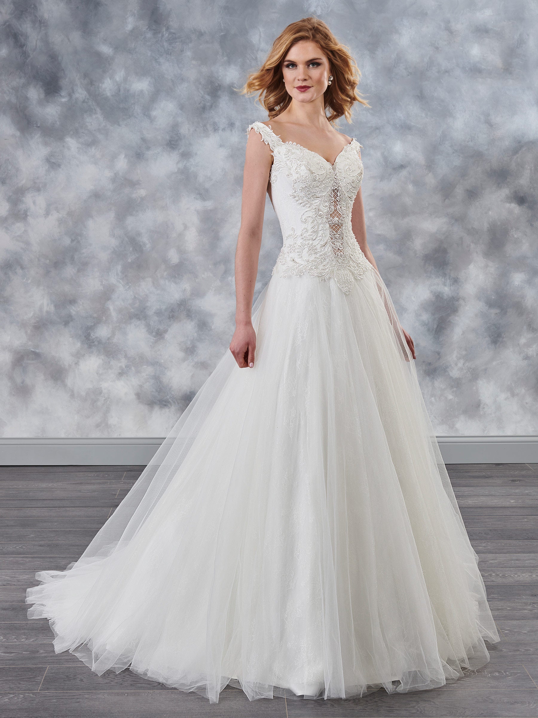 Beauty Ivory Lace-Tulle Applique Beads A-Line Wedding Dresses Bridal Pageant Dresses Wedding Attire Dresses Custom Size 2-16 KF1021155