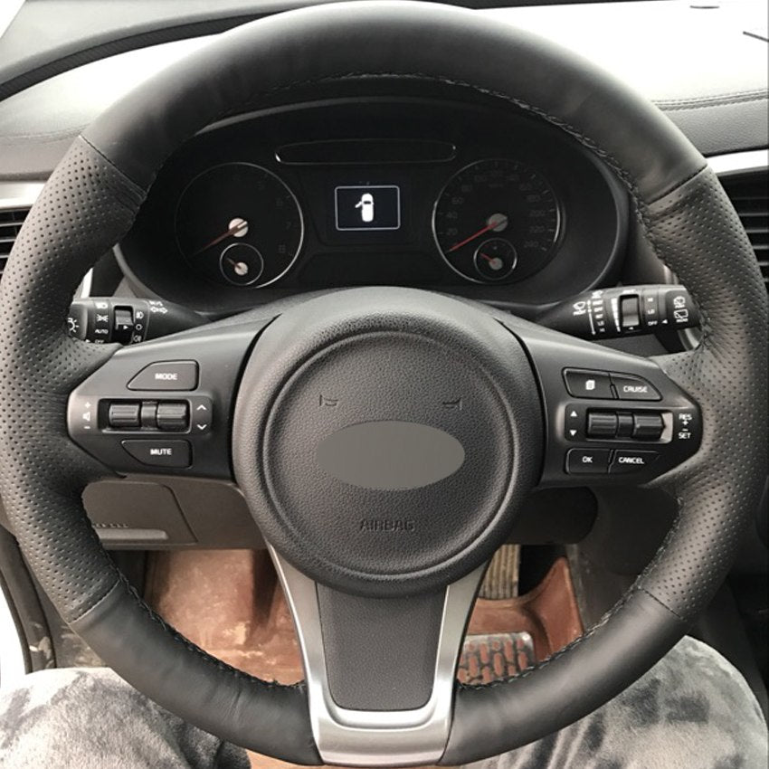 Black Genuine Leather DIY Hand-stitched Car Steering Wheel Cover for Kia Sorento 2015