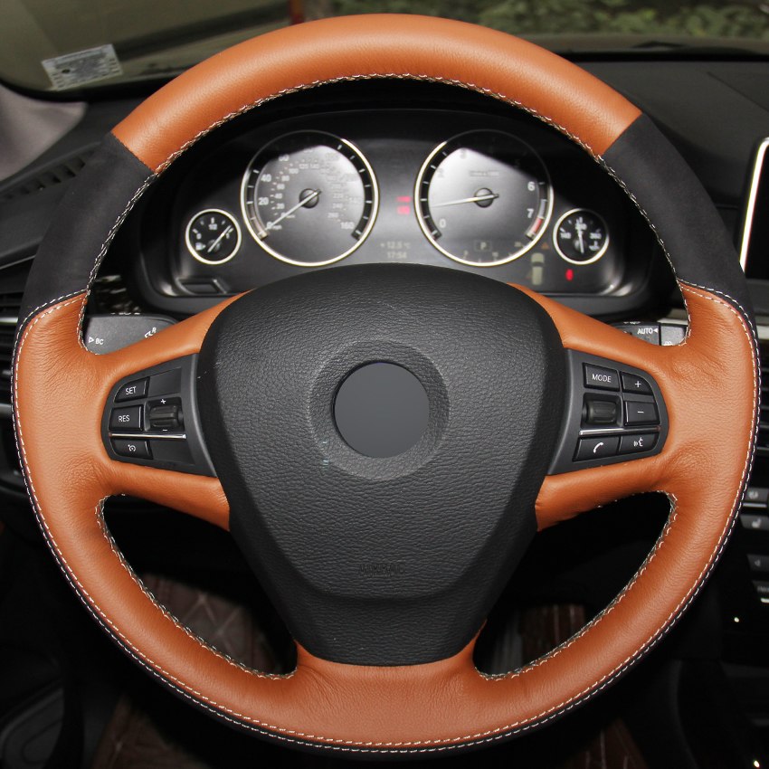 Hand-stitched Car Steering Wheel Cover Orange Genuine Leather Black Suede for BMW X3 2014 X5