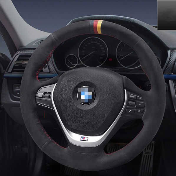 For BMW 320LI Leather Hand Sewing Steering Wheel Cover Black Suede Red thread