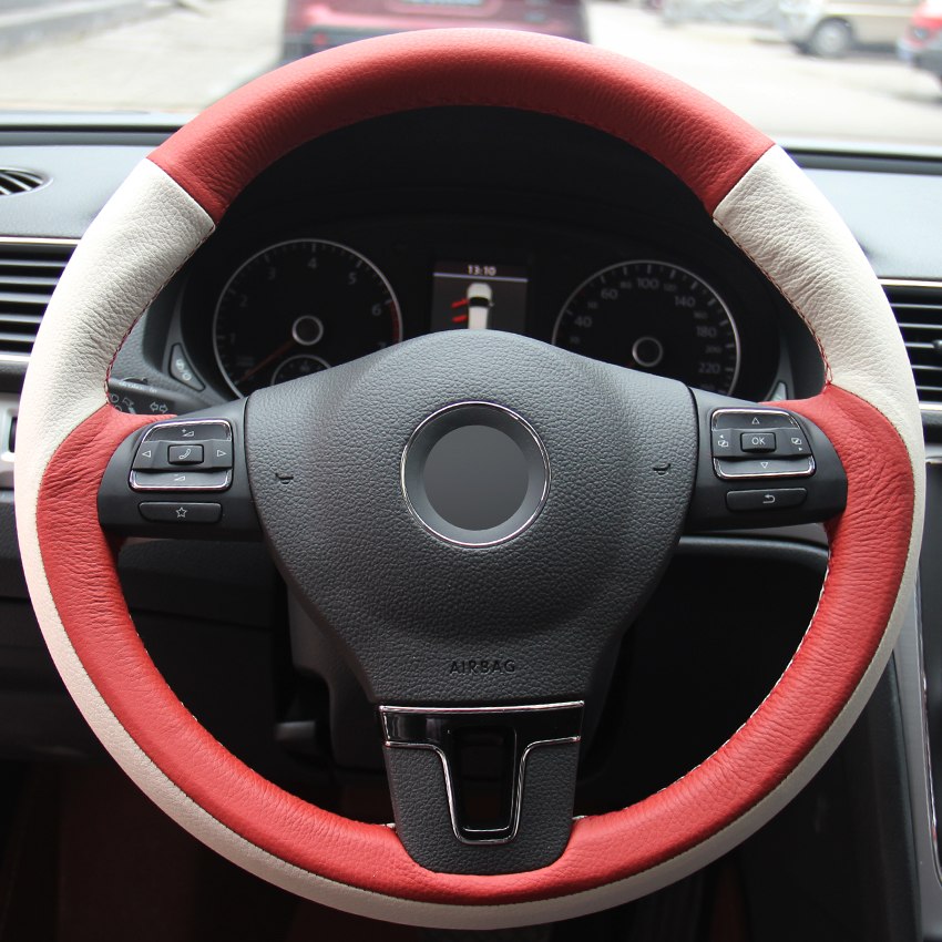 Red White Genuine Leather Car Steering Wheel Cover for Volkswagen VW Gol Tiguan Passat B7 Passat CC Touran Jetta Mk6