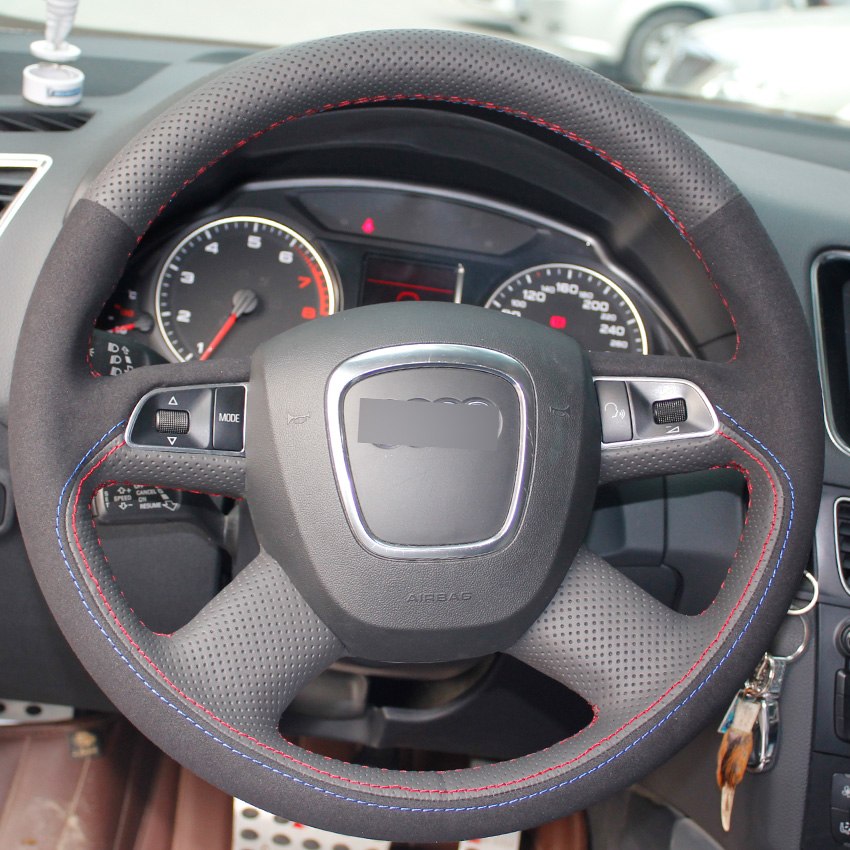 Black Genuine Leather Suede DIY Car Steering Wheel Cover for Audi Old A4 B7 B8 A6 C6 2004-2011 Q5 2008-2012 Q7 2005-2011