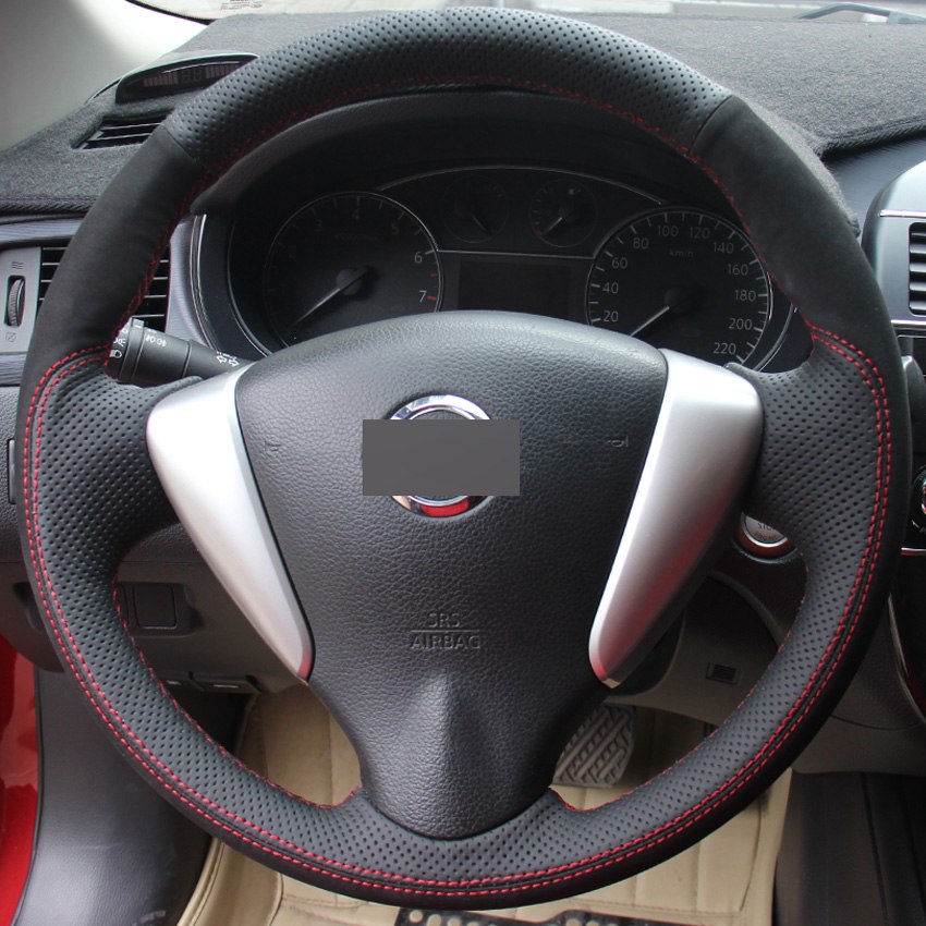 Black Genuine Leather Suede Hand-stitched Car Steering Wheel Cover for Nissan Tiida Sylphy Sentra Versa Note 2014-2017