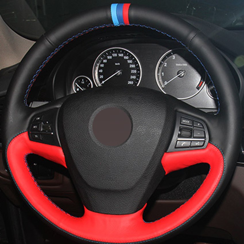 DIY Hand-stitched Black Red Genuine Leather Car Steering Wheel Cover for BMW X3 2014 X5