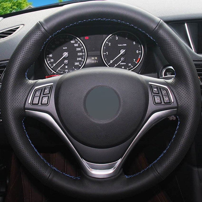 Black Leather Hand-stitched Car Steering Wheel Cover for BMW X1 2014 2015