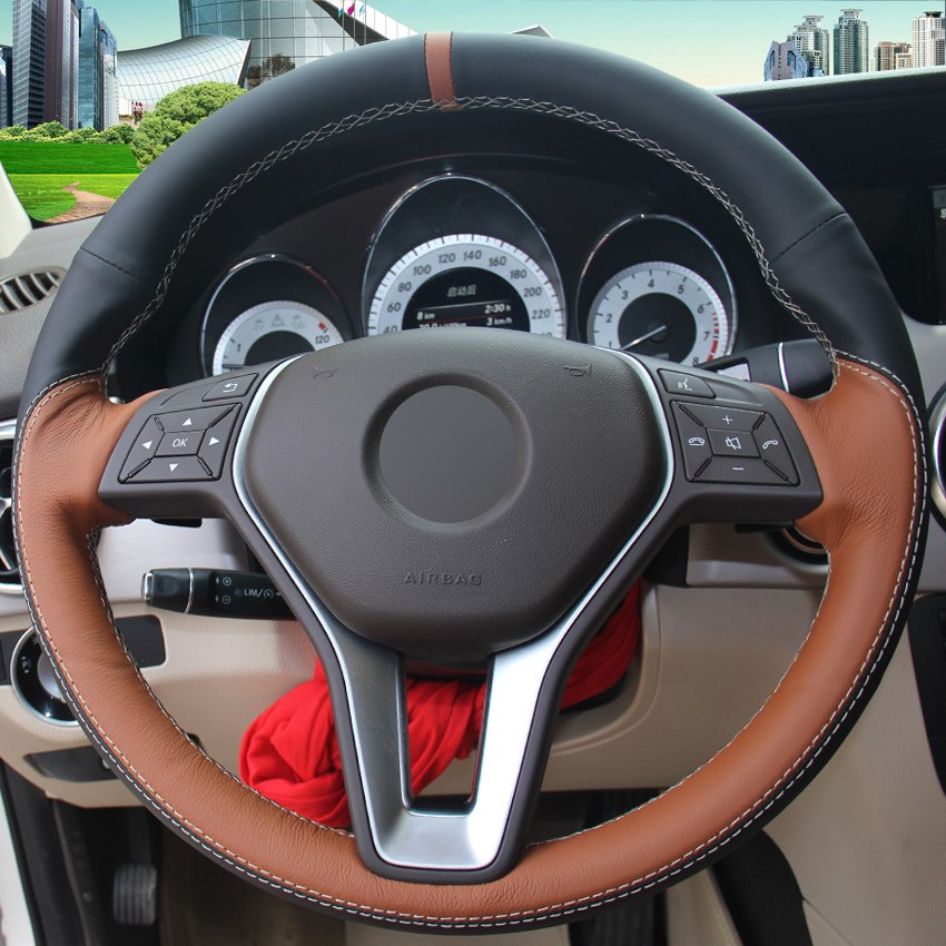 Orange Black Genuine Leather Hand-stitched Car Steering Wheel Cover for Mercedes Benz B180 2012