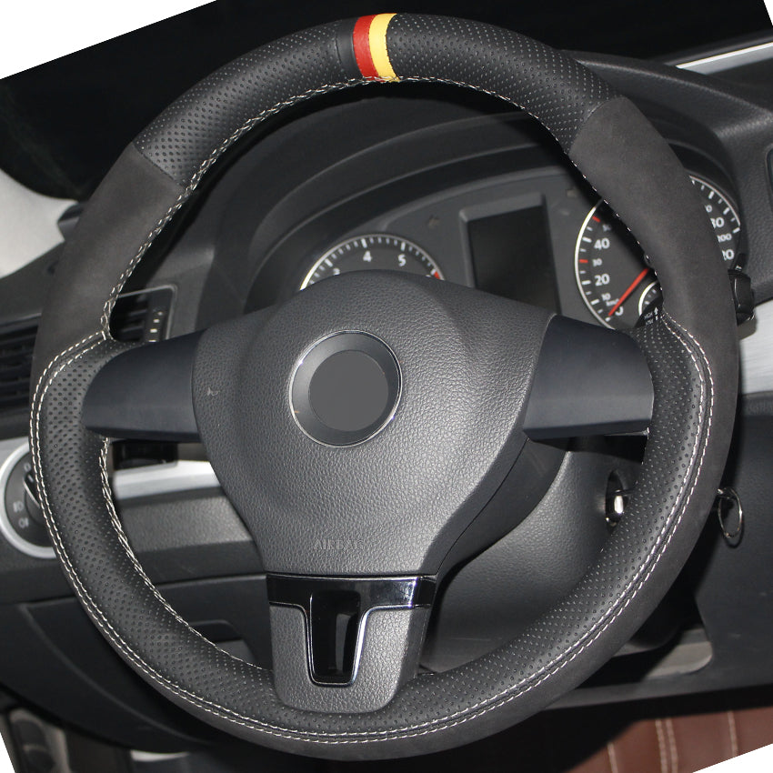 Black Genuine Leather Suede Hand-stitched Car Steering Wheel Cover for Volkswagen VW Tiguan Lavida Passat B7 Jetta Mk6