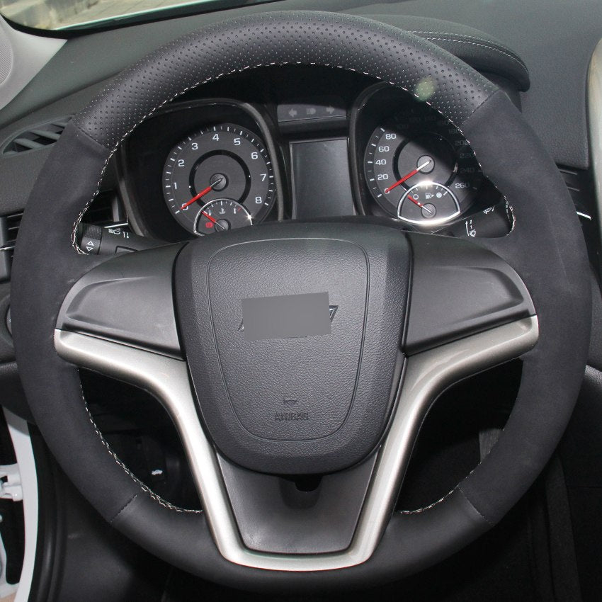 Black Genuine Leather Black Suede Hand-stitched Car Steering Wheel Cover for Chevrolet Malibu 2011-2014